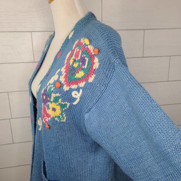 Jantzen Vintage Cardigan Blue Pink XL Spring Floral Hand Embroidered Pockets - Picture 8 of 14